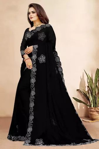black color georgette siroski work border saree with un-stitched blouse