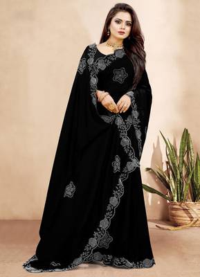 black color georgette siroski work border saree with un-stitched blouse 3