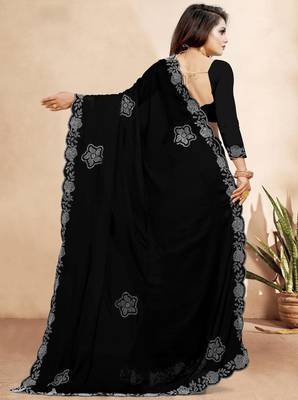 black color georgette siroski work border saree with un-stitched blouse 4