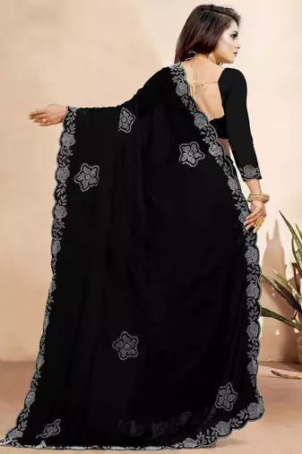 black color georgette siroski work border saree with un-stitched blouse