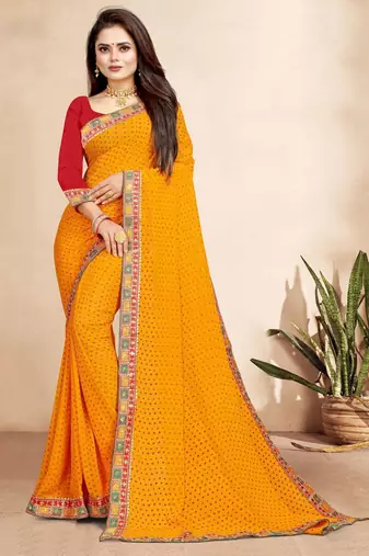yellow color bandhni print saree with embroidered lace border sarees