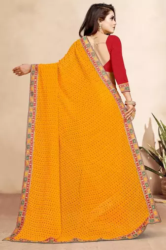 yellow color bandhni print saree with embroidered lace border sarees