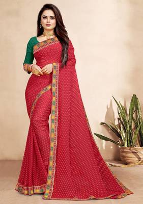 rani pink color bandhni print saree with embroidered lace border sarees 1