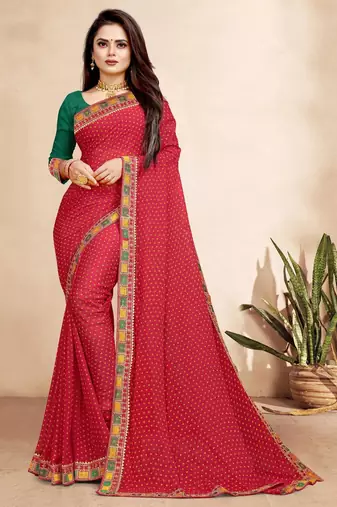 rani pink color bandhni print saree with embroidered lace border sarees