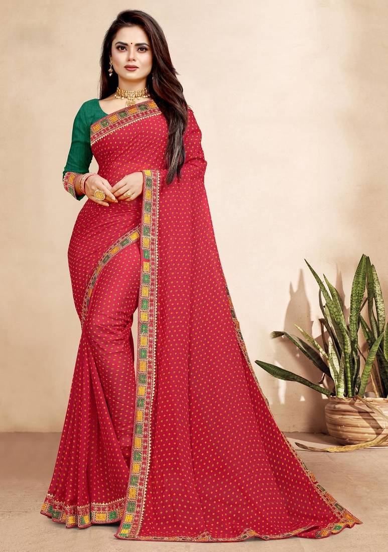 rani pink color bandhni print saree with embroidered lace border sarees