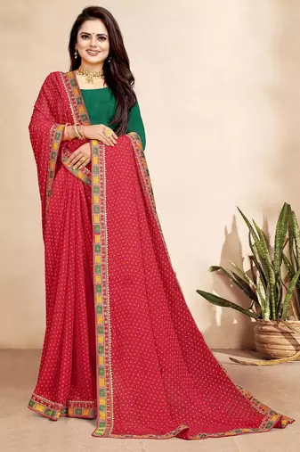rani pink color bandhni print saree with embroidered lace border sarees