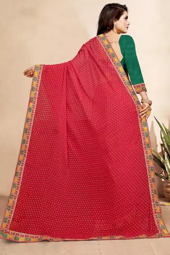rani pink color bandhni print saree with embroidered lace border sarees