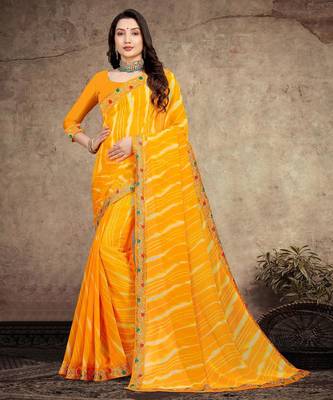 yellow color lehariya print saree with embroidered lace border sarees 1