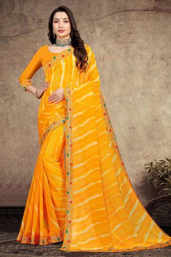 yellow color lehariya print saree with embroidered lace border sarees