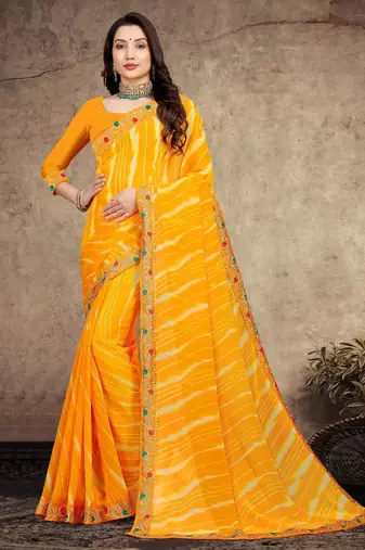 yellow color lehariya print saree with embroidered lace border sarees