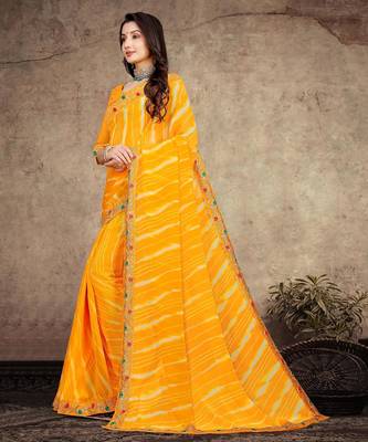 yellow color lehariya print saree with embroidered lace border sarees 2