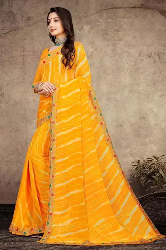 yellow color lehariya print saree with embroidered lace border sarees