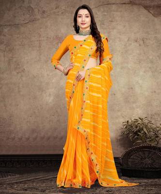 yellow color lehariya print saree with embroidered lace border sarees 3