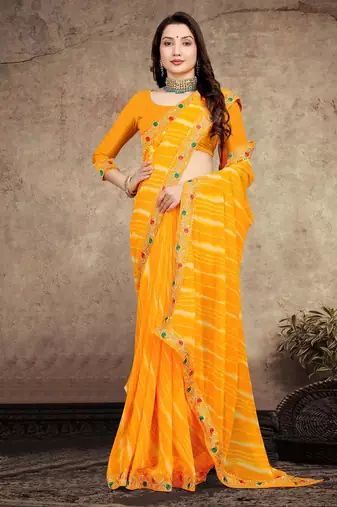 yellow color lehariya print saree with embroidered lace border sarees