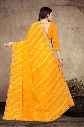 yellow color lehariya print saree with embroidered lace border sarees