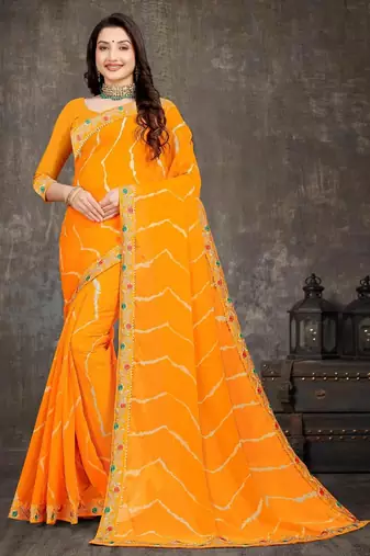 yellow color lehariya print saree with embroidered lace border sarees