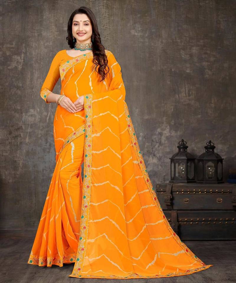 yellow color lehariya print saree with embroidered lace border sarees