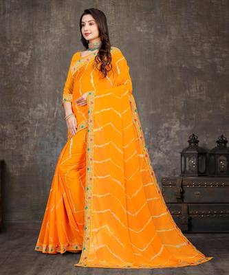 yellow color lehariya print saree with embroidered lace border sarees 2