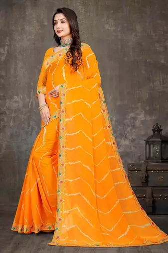 yellow color lehariya print saree with embroidered lace border sarees