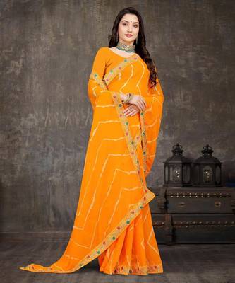 yellow color lehariya print saree with embroidered lace border sarees 3