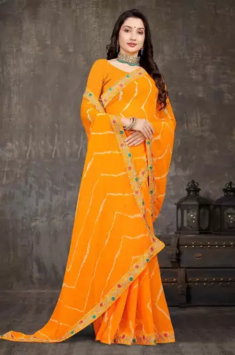 yellow color lehariya print saree with embroidered lace border sarees