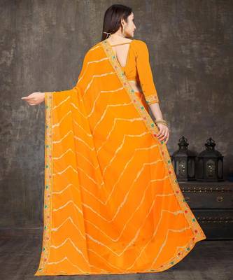 yellow color lehariya print saree with embroidered lace border sarees 4