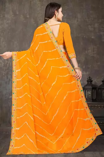yellow color lehariya print saree with embroidered lace border sarees