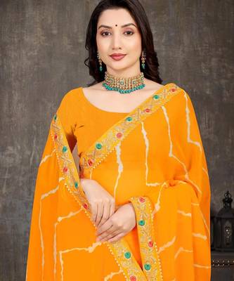 yellow color lehariya print saree with embroidered lace border sarees 5