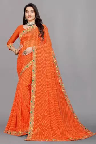 orange color lehariya print saree with embroidered lace border sarees