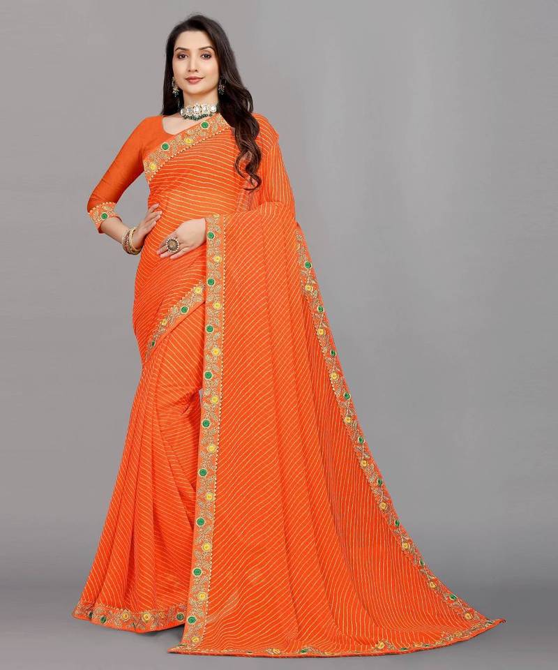 orange color lehariya print saree with embroidered lace border sarees