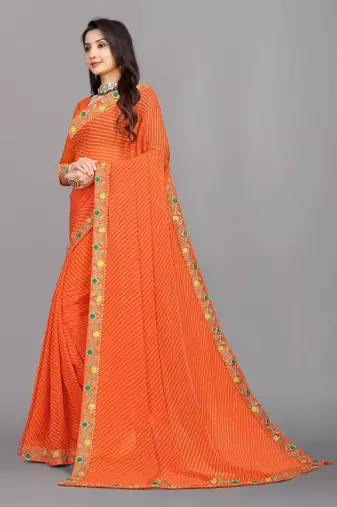 orange color lehariya print saree with embroidered lace border sarees