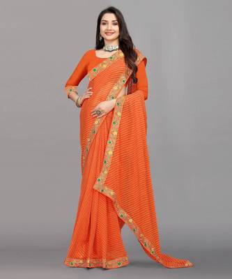 orange color lehariya print saree with embroidered lace border sarees 3