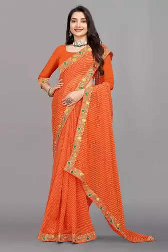 orange color lehariya print saree with embroidered lace border sarees