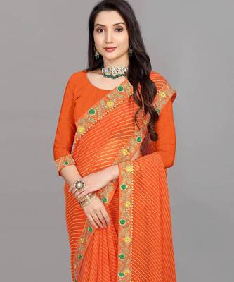 orange color lehariya print saree with embroidered lace border sarees 4