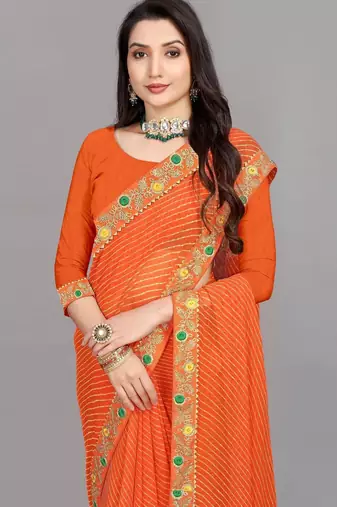 orange color lehariya print saree with embroidered lace border sarees
