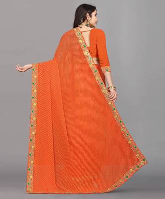 orange color lehariya print saree with embroidered lace border sarees 5