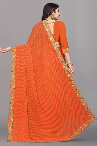 orange color lehariya print saree with embroidered lace border sarees