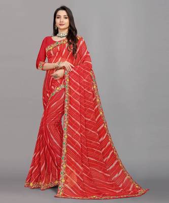 red color lehariya print saree with embroidered lace border sarees 1