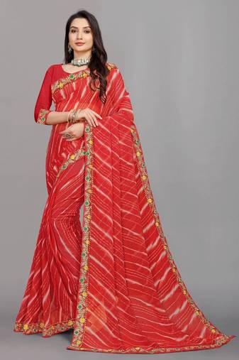 red color lehariya print saree with embroidered lace border sarees