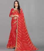 red color lehariya print saree with embroidered lace border sarees