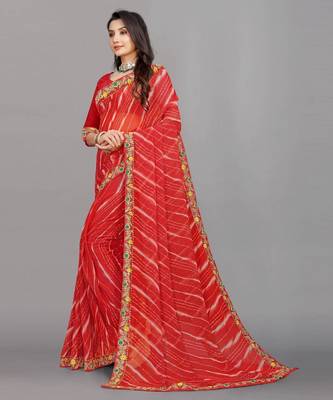 red color lehariya print saree with embroidered lace border sarees 2