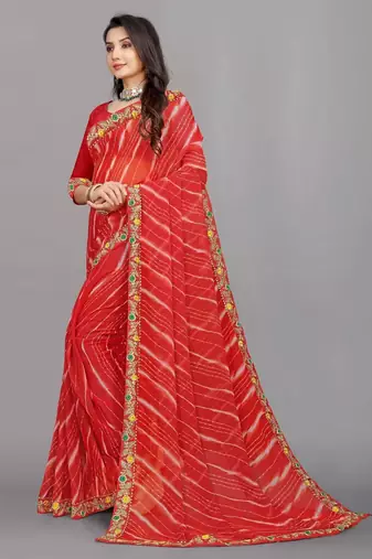 red color lehariya print saree with embroidered lace border sarees