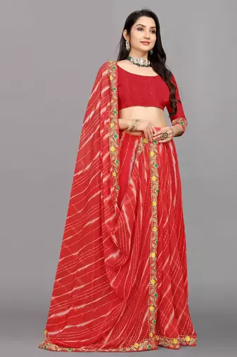 red color lehariya print saree with embroidered lace border sarees