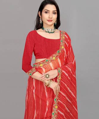 red color lehariya print saree with embroidered lace border sarees 4