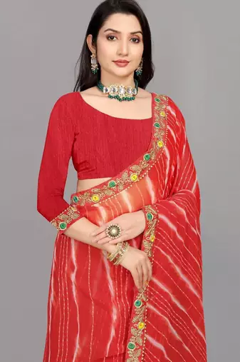 red color lehariya print saree with embroidered lace border sarees