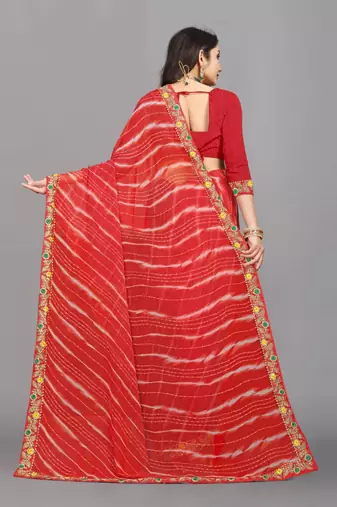 red color lehariya print saree with embroidered lace border sarees