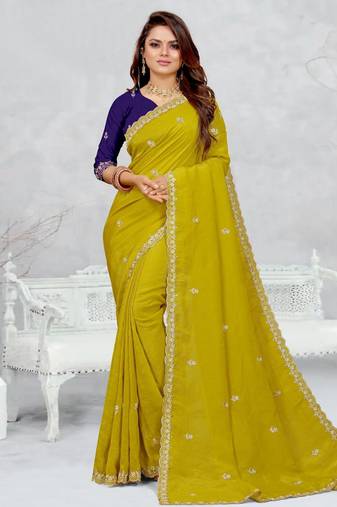 lemon yellow color star georgette embroidered sarees