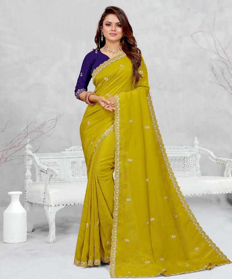lemon yellow color star georgette embroidered sarees