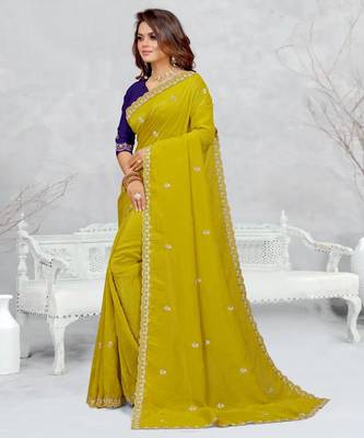 lemon yellow color star georgette embroidered sarees 2