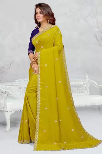 lemon yellow color star georgette embroidered sarees